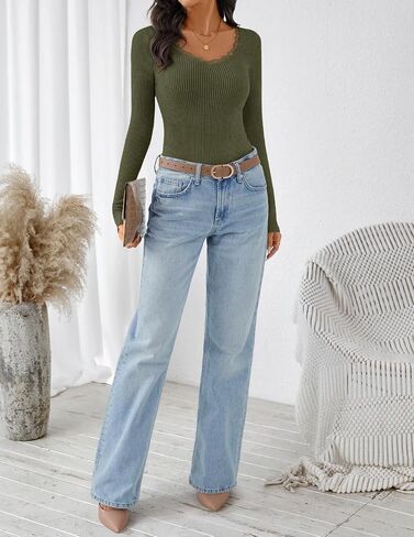 ZESICA Women's Long Sleeve Lace V Neck Shirts 2025 Fall Fashion Slim Fit Tops Ribbed Knit Dressy Business Casual Blouses in Saudi Arabia
