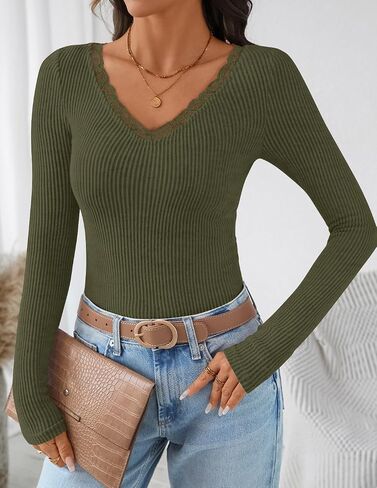 ZESICA Women's Long Sleeve Lace V Neck Shirts 2025 Fall Fashion Slim Fit Tops Ribbed Knit Dressy Business Casual Blouses in Saudi Arabia