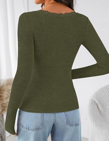 ZESICA Women's Long Sleeve Lace V Neck Shirts 2025 Fall Fashion Slim Fit Tops Ribbed Knit Dressy Business Casual Blouses in Saudi Arabia