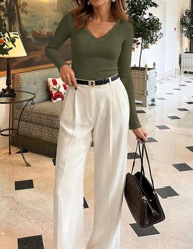 ZESICA Women's Long Sleeve Lace V Neck Shirts 2025 Fall Fashion Slim Fit Tops Ribbed Knit Dressy Business Casual Blouses in Saudi Arabia