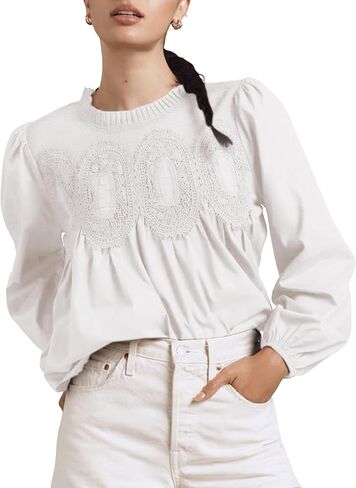 Lentta Women's Lace-Detail Blouse Floral Pattern Long Sleeve Crew Neck Pleated Poplin Mesh Flared Swing Babydoll Tops in Saudi Arabia