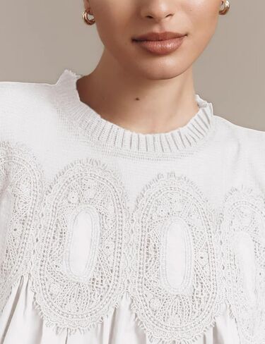 Lentta Women's Lace-Detail Blouse Floral Pattern Long Sleeve Crew Neck Pleated Poplin Mesh Flared Swing Babydoll Tops in Saudi Arabia