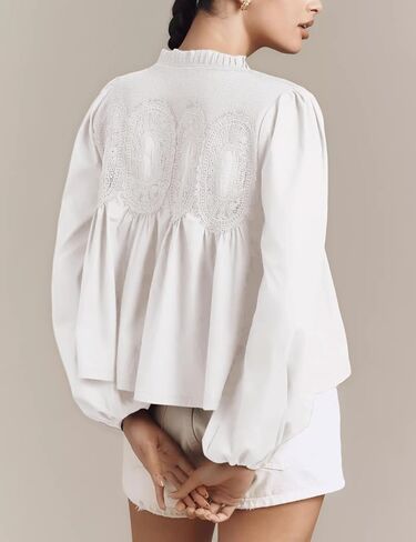 Lentta Women's Lace-Detail Blouse Floral Pattern Long Sleeve Crew Neck Pleated Poplin Mesh Flared Swing Babydoll Tops in Saudi Arabia