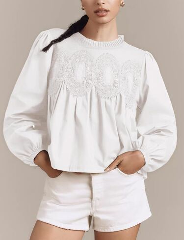 Lentta Women's Lace-Detail Blouse Floral Pattern Long Sleeve Crew Neck Pleated Poplin Mesh Flared Swing Babydoll Tops in Saudi Arabia