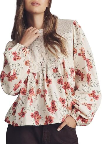 Lentta Women's Lace-Detail Blouse Floral Pattern Long Sleeve Crew Neck Pleated Poplin Mesh Flared Swing Babydoll Tops in Saudi Arabia