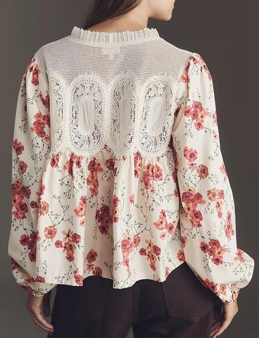 Lentta Women's Lace-Detail Blouse Floral Pattern Long Sleeve Crew Neck Pleated Poplin Mesh Flared Swing Babydoll Tops in Saudi Arabia