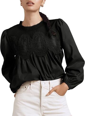Lentta Women's Lace-Detail Blouse Floral Pattern Long Sleeve Crew Neck Pleated Poplin Mesh Flared Swing Babydoll Tops in Saudi Arabia