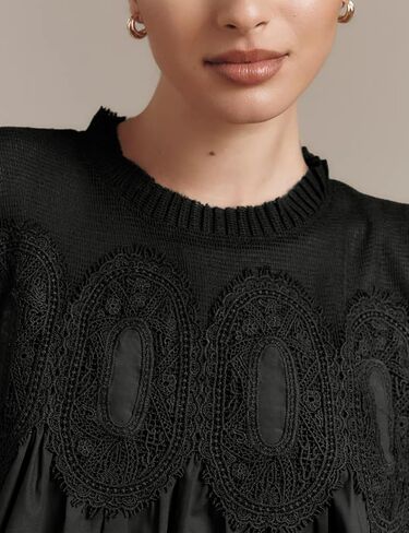 Lentta Women's Lace-Detail Blouse Floral Pattern Long Sleeve Crew Neck Pleated Poplin Mesh Flared Swing Babydoll Tops in Saudi Arabia