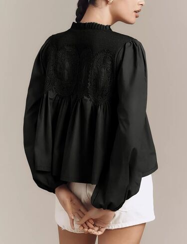 Lentta Women's Lace-Detail Blouse Floral Pattern Long Sleeve Crew Neck Pleated Poplin Mesh Flared Swing Babydoll Tops in Saudi Arabia