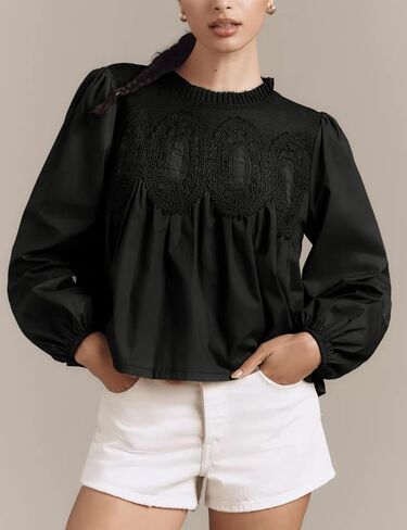 Lentta Women's Lace-Detail Blouse Floral Pattern Long Sleeve Crew Neck Pleated Poplin Mesh Flared Swing Babydoll Tops in Saudi Arabia