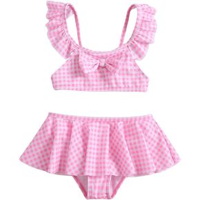 MakeMeChic Girl's Ruffle Trim Bathing Suit 2 Piece Cute Plaid Print Bikini Swimsuits