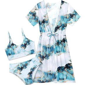 KANGKANG Girls Swimsuit, 3 Piece Tropical Print Bikini Set with Drawstring Quick Dry Swimsuit Cover Up for Girl 7-16T