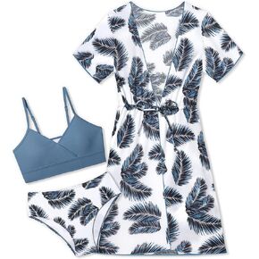 بدلة سباحة للفتيات من KANGKANG، طقم بيكيني بطباعة استوائية مكون من 3 قطع مع غطاء لباس السباحة سريع الجفاف برباط للفتيات من 7 إلى 16 طن in Kuwait