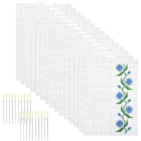 15PCS 14 Count Plastic Mesh Canvas Sheets, Perforated Plastic Stitching Canvas Cross Stitch Plastic Mesh Canvas for Embroidery, Crafts DIY Crochet Projects, 8.2X11 Inch (20Pcs Weaving Needles)