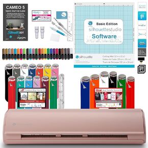 Silhouette Cameo 5 Bundle with Vinyl Starter Kit, Heat Transfer Starter Kit, 24 Pack of Pens, Tool Kit, Cameo 5 Start Up Guide with Extra Designs (Matte Pink)