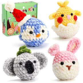 Happnear Crochet Kit for Beginners, 4Pcs Crochet Animal Kit with Step-by-Step Video Tutorials, Knitting Kit for Starter, Learn to Crochet Kit for Adult Kids, Include Yarns, Hook, Accessories
