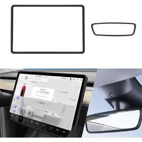 2Pcs Silicone Protector Frames of Screen and Rear View Mirror for Tesla Model 3 2024 Highland.(Black)