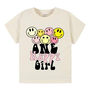 One happy girl 1st birthday girl outfit beige color birthday girl shirt first birthday outfit graphic tee 1st birthday girl (18m t-shirt)