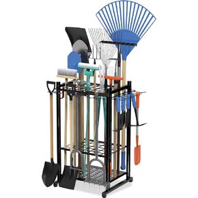 Garden Tool Organizer with Storage Hooks, Yard Tool Tower Rack for Garage Organization and Storage, Up to 50 Tools, Heavy Duty Steel Garden Tool Stand for Garage, Outdoor, Home, Black