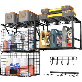 Garage Shelf Wall Mounted with Wire baskets, Heavy Duty Garage Wall Shelving with Garden Tool Rack and Hooks, Wire Shelf Baskets Tool Organizer for Home Garden Garage Organization and Storage