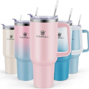 40 oz Tumbler with Handle and Straw Lid, 100% Leak-proof Travel Coffee Mug, Stainless Steel Insulated Cup for Hot Cold Beverages, Keeps Cold for 34Hrs or Hot for 10Hrs, Dishwasher Safe (WhiteGreen)