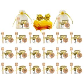 Ahhute 20 Pack Mini Glass Honey Jars with Dipper - Perfect for Baby Showers and Wedding Favors - Gold Lid, Bee Pendants, Ribbons - Includes Gift Bags