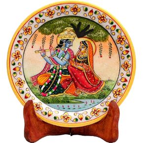 Marble Decorative Plate Traditional Indian Handpainted Round Shape Showpiece Pottery Plate with Stand for Decoration Home Office Décor and Gifting (Radha Krishna)