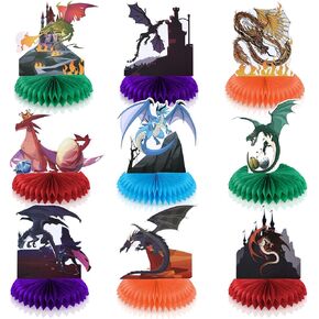 9Pcs Dragon Party Decorations Dragon Table Honeycomb Centerpieces for Table Decor Dragon Table Topper for Kids Dragon 3D Birthday Supplies Castle Dinosaur Baby Shower Photo Booth Props Party Favors