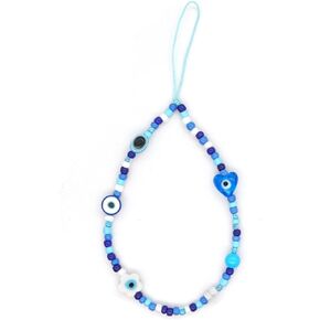 1-2 PCS Beaded Evil Eye Phone Charm Lanyard Wrist Strap Cute Flower Charms Anti-Lost Chain Aesthetic Accessories Love Protection Gifts for Women Girls (Blue Flower Evil Eye)