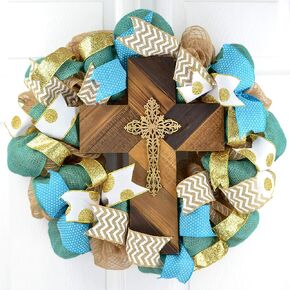 Everyday Rustic Cross Mesh Front Door Wreath; Turquoise Blue Jute White Gold Ivory Burlap