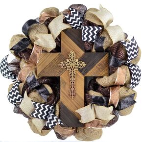 Rustic Door Wreath - Mothers Day Gift for Wife - Easter Cross Mesh Wreath - Front Door Decor - Black Burlap White Brown