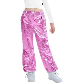 LOLANTA Girls Metallic Jogger Pants, Shiny Jazz Street Hip Hip Dance Pants 6-14, Convertible Leg Opening