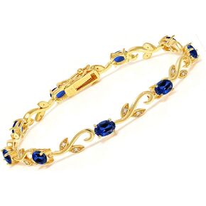 Gem Stone King 18K Yellow Gold Plated Silver Created Sapphire Diamond Greek Vine 7 Inch Tennis Bracelet For Women