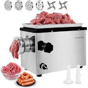 Anatole Commercial Electric Meat Grinder 1.3HP 950W Stainless Steel Meat Mincer Heavy Duty Sausage Stuffer with 2 Blades 4 Grinding Plates (6mm 8mm 10mm 3-Hole) for Restaurant Hotel 110V