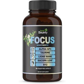 Focus 14-in-1 Nootropic Brain Supplement with Lions Mane, Alpha GPC Choline, Vitamin C & B12, Taurine, Bacopa - Energy, Cognitive, Memory Support, 60 Filler Free Capsules