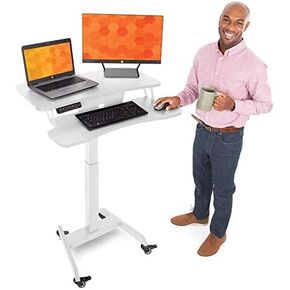 Stand Steady Cruizer Premier Rolling Electric Podium Desk - Height Adjustable, Mobile Standing Desk with Wheels, Keyboard Tray, Programmable Control, Compact Design for Office, School, Home (Black)