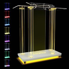 Acrylic Pulpits for Church with LED Lights 46" Tall Podium Stand with Wheels and Reading Platform, Clear Lectern for Speech, Classroom, Churches, Lecturn