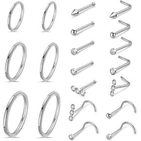 20pcs Surgical Steel Nose Ring,16G/18G Hypoallergenic Nose Rings Studs Set L Shape Nose Studs Body Piercing Nose Hoop Lip Ear Nose Rings for Women Men