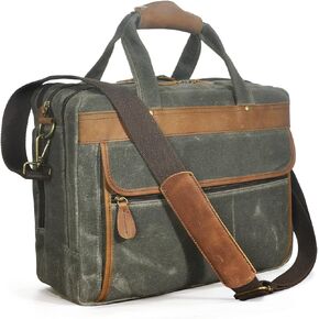 Water Resistant Canvas + Leather Business Attache Tote Briefcase Laptop Office Portfolio Bag For Men FB7146