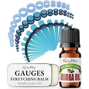 BodyJ4You 55PC Ear Stretching Kit 14G-12mm - Aftercare Jojoba Oil Ear Stretching Balm - Aqua Acrylic Plugs Gauge Tapers Silicone Tunnels - Lightweight Expanders Men Women