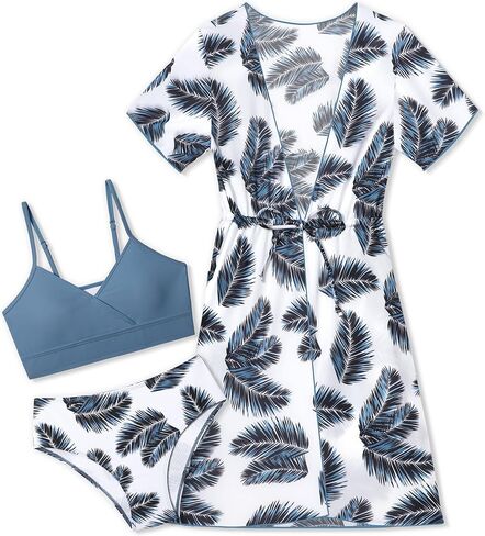 بدلة سباحة للفتيات من KANGKANG، طقم بيكيني بطباعة استوائية مكون من 3 قطع مع غطاء لباس السباحة سريع الجفاف برباط للفتيات من 7 إلى 16 طن in Kuwait