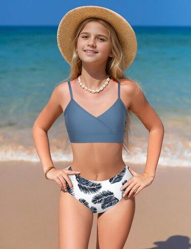 بدلة سباحة للفتيات من KANGKANG، طقم بيكيني بطباعة استوائية مكون من 3 قطع مع غطاء لباس السباحة سريع الجفاف برباط للفتيات من 7 إلى 16 طن in Kuwait