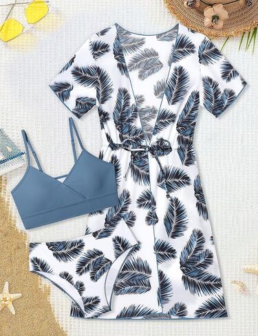 بدلة سباحة للفتيات من KANGKANG، طقم بيكيني بطباعة استوائية مكون من 3 قطع مع غطاء لباس السباحة سريع الجفاف برباط للفتيات من 7 إلى 16 طن in Kuwait