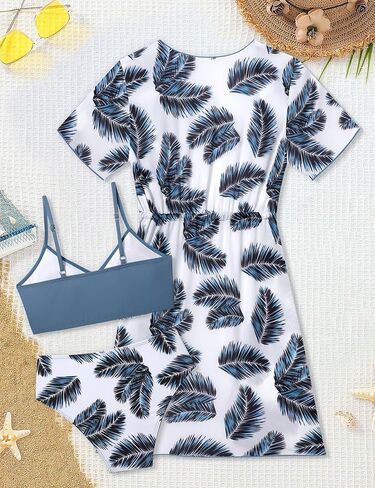 بدلة سباحة للفتيات من KANGKANG، طقم بيكيني بطباعة استوائية مكون من 3 قطع مع غطاء لباس السباحة سريع الجفاف برباط للفتيات من 7 إلى 16 طن in Kuwait