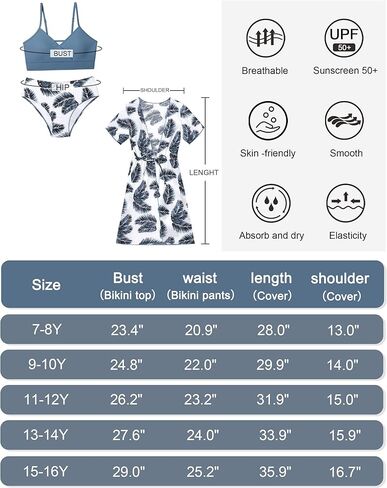 بدلة سباحة للفتيات من KANGKANG، طقم بيكيني بطباعة استوائية مكون من 3 قطع مع غطاء لباس السباحة سريع الجفاف برباط للفتيات من 7 إلى 16 طن in Kuwait