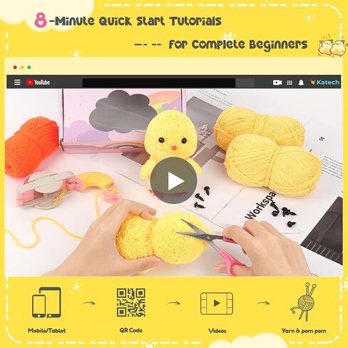 Katech Pom Pom Maker Tools-Crochet Knitting Kit for Beginners-Make Your Own Fuzzy Friends with Step-by-Step Video Tutorials-Beginners Pompoms Maker Sets-Craft Knitting Crochet Animals Kits(Chicks) in Saudi Arabia