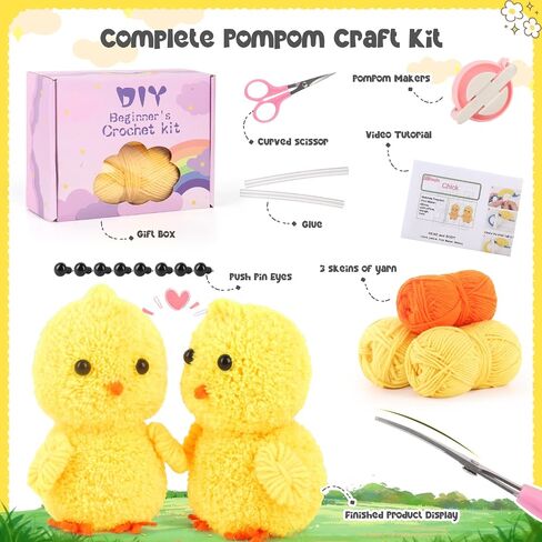 Katech Pom Pom Maker Tools-Crochet Knitting Kit for Beginners-Make Your Own Fuzzy Friends with Step-by-Step Video Tutorials-Beginners Pompoms Maker Sets-Craft Knitting Crochet Animals Kits(Chicks) in Saudi Arabia