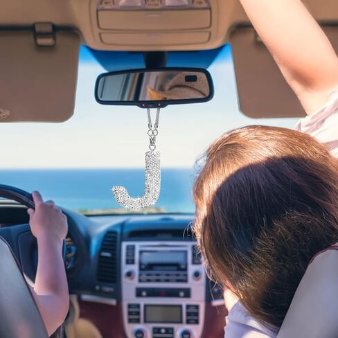 مرآة الرؤية الخلفية للسيارة الأولية، زينة معلقة من الكريستال المحظوظ، ملحقات السيارة اللامعة للنساء من حجر الراين لتزيين السيارات (أبيض J) in Kuwait
