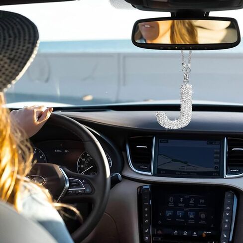 مرآة الرؤية الخلفية للسيارة الأولية، زينة معلقة من الكريستال المحظوظ، ملحقات السيارة اللامعة للنساء من حجر الراين لتزيين السيارات (أبيض J) in Kuwait