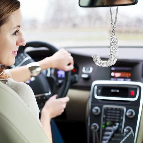 مرآة الرؤية الخلفية للسيارة الأولية، زينة معلقة من الكريستال المحظوظ، ملحقات السيارة اللامعة للنساء من حجر الراين لتزيين السيارات (أبيض J) in Kuwait